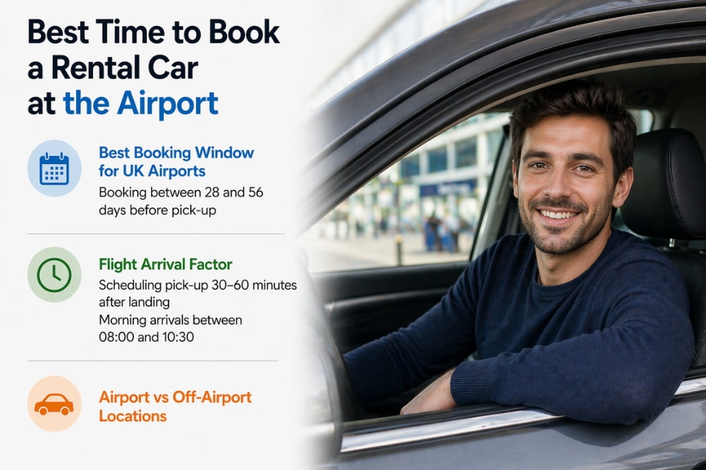Smiling man drives car beside infographic on best time to book rental car airport