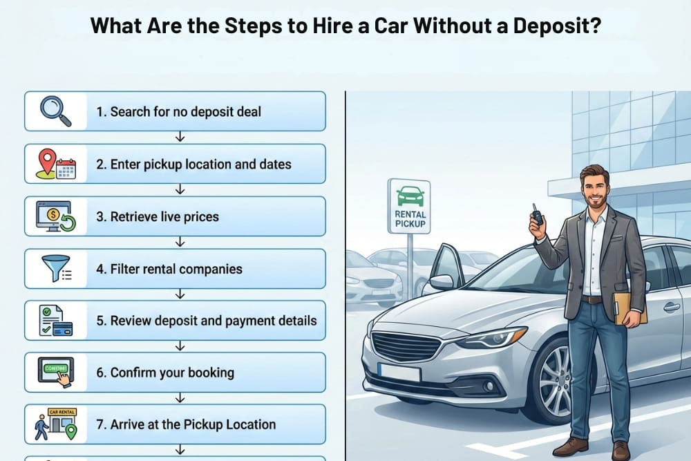 7 numbered car-hire-steps-without-deposit listed beside an illustration of a rental pickup