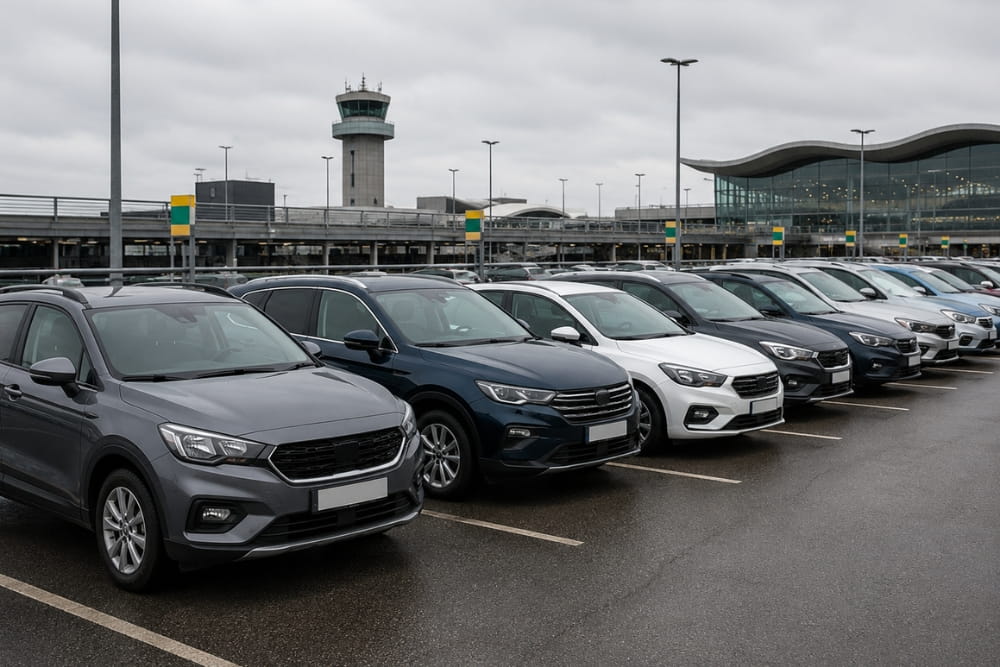 Fleet vehicles parked at a terminal lot emphasize how much more expensive airport car hire is compared to digital booking