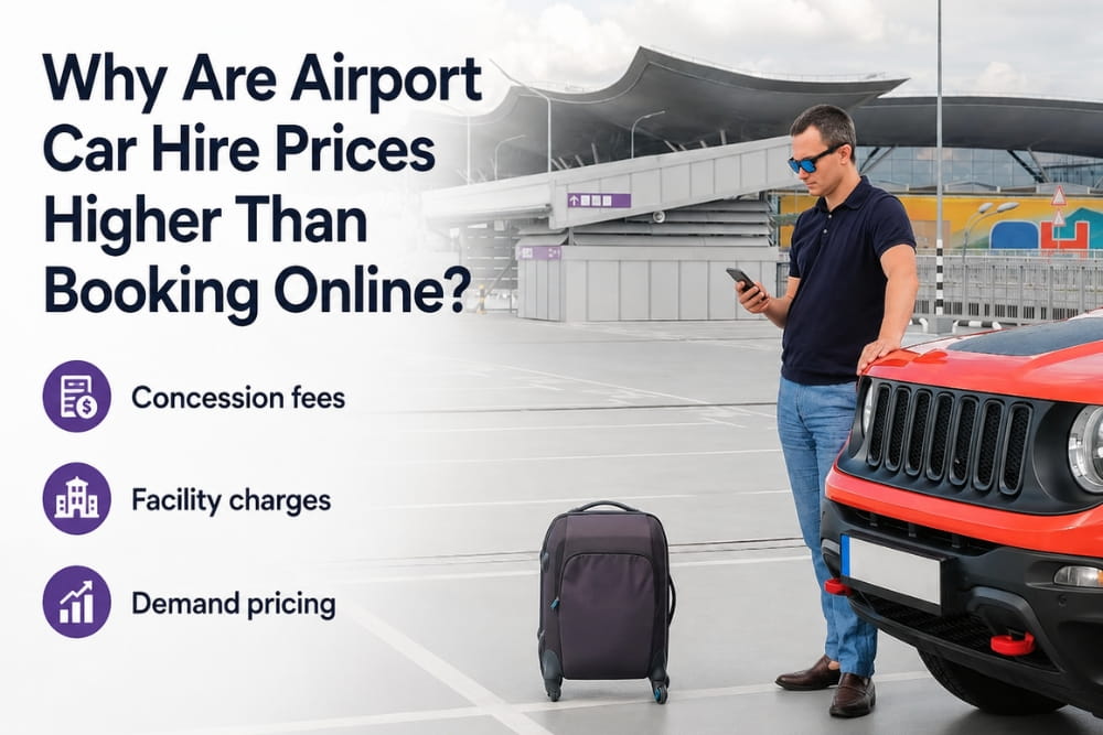Man with suitcase uses phone beside a red vehicle to see why airport car hire much than online options costs